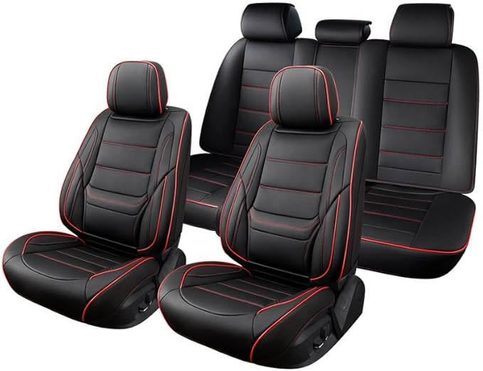 Car Seat Covers Full Set Custom Fit for Chevy Blazer 2019-2026-Luxury Leather with Lumbar Support, Breathable, Waterproof, Anti-Slip, Durable, Easy to Install (Black&Red,Full Set)