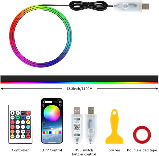 for Car LED Ambient Lighting Kit Smart RGB Bulb Interior Decor Cars Neon Accent Lights with Wireless APP Control 210 Dynamic Modes,4 Music Modes,16 Million Colors 43.3 Inch USB LEDs Strip Accessories
