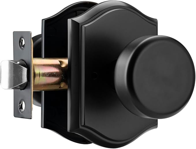 Interior Pismo Doorknobs for Bath & Bedroom, Black Door Knobs with Camelot Trim, Heavy Duty Door Knob with Lock