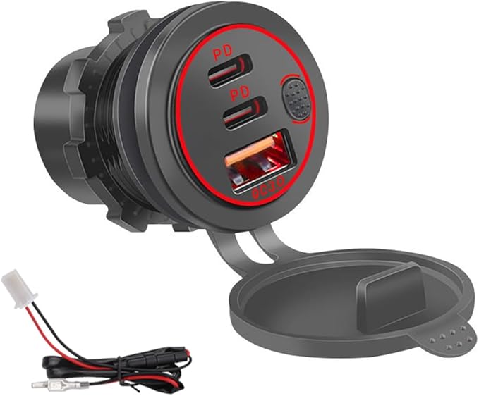 3 Ports 18W USB Car Charger with Switch, 12-24V QC 3.0 USB & Dual PD USB C Cigarette Lighter Socket Outlet, Dashboard Mount Quick Charger for Car Motorcycle Truck Marine Boat, Red Light