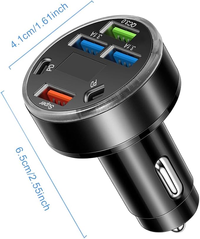 Super Fast Charging 150W 6-Port USB C Car Charger Adapter with Voltmeter, 2PD +2USB 3.1A + QC3.0 &Super Multi Port Cigarette Lighter USB Charger for iPhone, Android, Samsung, iPad Pro