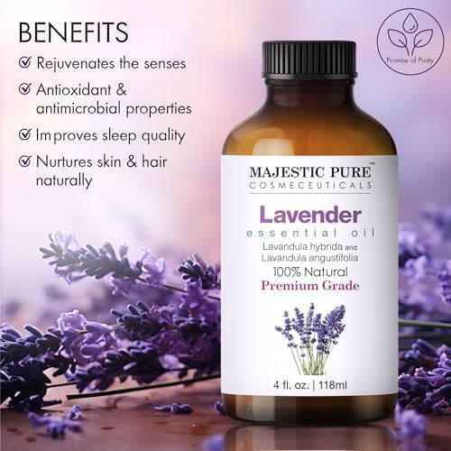 Majestic Pure Essential Oil with Glass Dropper - 100% Pure and Natural - Essential Oils for Diffuser, Aromatherapy, Soap and Candle Making, Lavender Essential Oil, Lavender Oil, 4 Fl Oz