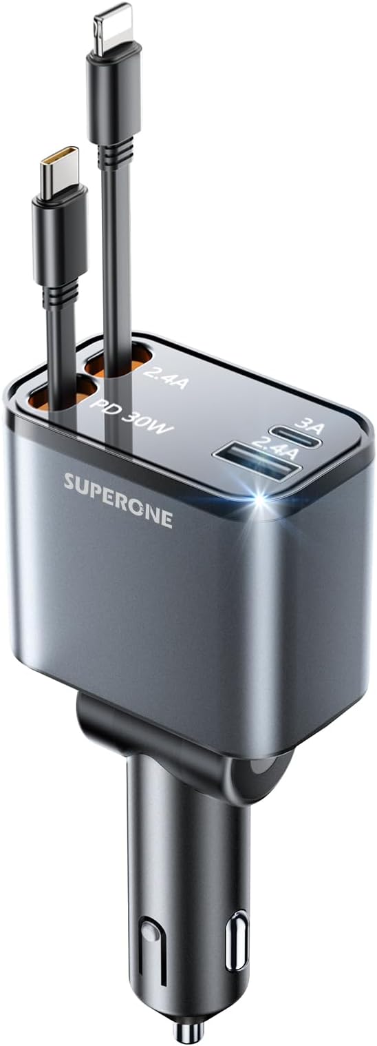 SUPERONE Smaller 69W Retractable Car Charger 4 in 1 Fast Car Phone Charger Adapter with Retractable Type C & L Cords, USB C Car Chargers for iPhone 17 16 15 14 13 12 Galaxy Pixel