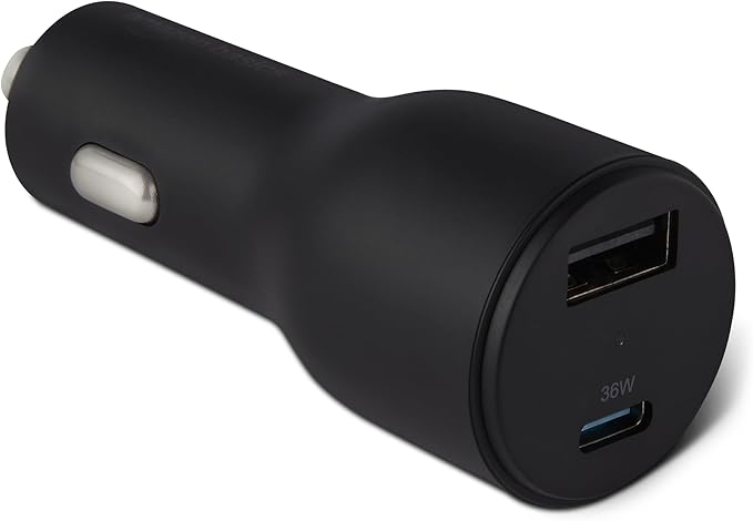 Amazon Basics Fast-Charging Car Charger, Dual-Port, 1 USB-C + 1 USB-A, 48W, Black