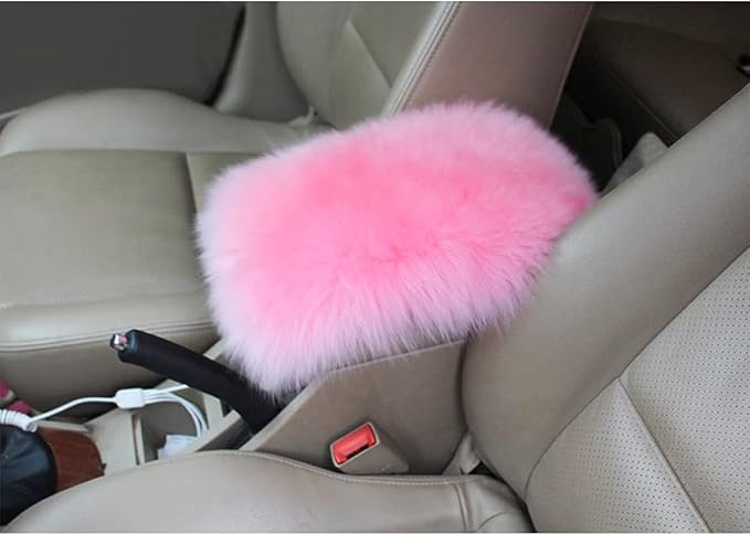 Center Console Cushion Pad/Cover, 11.4"x7.4" Furry Armrest Cover for Cars, Vehicles, SUVs, Premium Sheepskin Wool, Car Interior Accessories for Women(Pink)