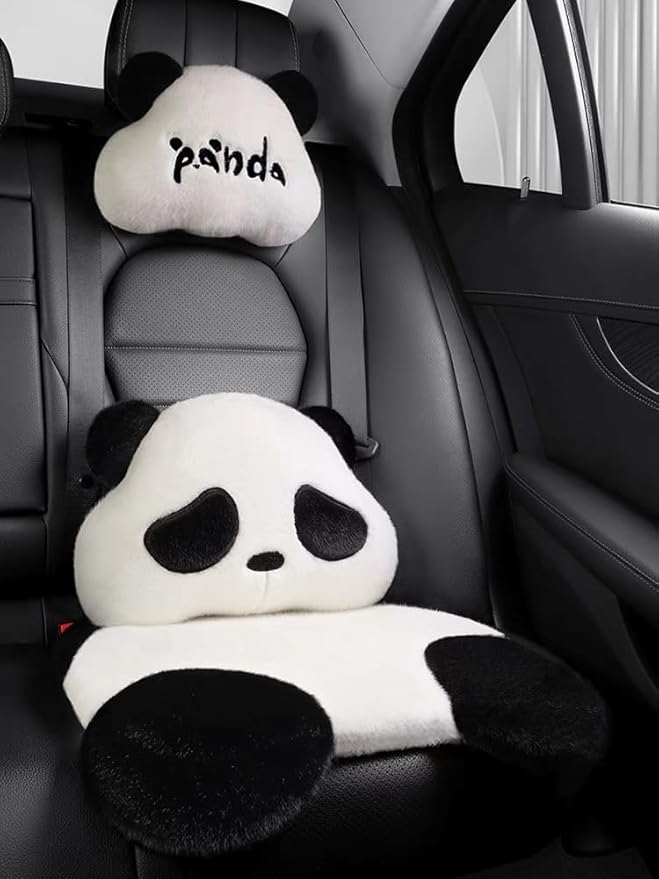 Car Seat Cushion,Lumbar Support Pillow for Car Seat,Cute Panda Cushion for Most Car, Truck, SUV, or Van Front （1 Seat Cushion,1 Pillow）