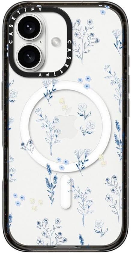 CASETiFY Impact Case for iPhone 16 [Slim / 8.2 ft. 4X Military Grade Drop Protection/Compatible with Magsafe] - Small Blue Flowers - Clear Black
