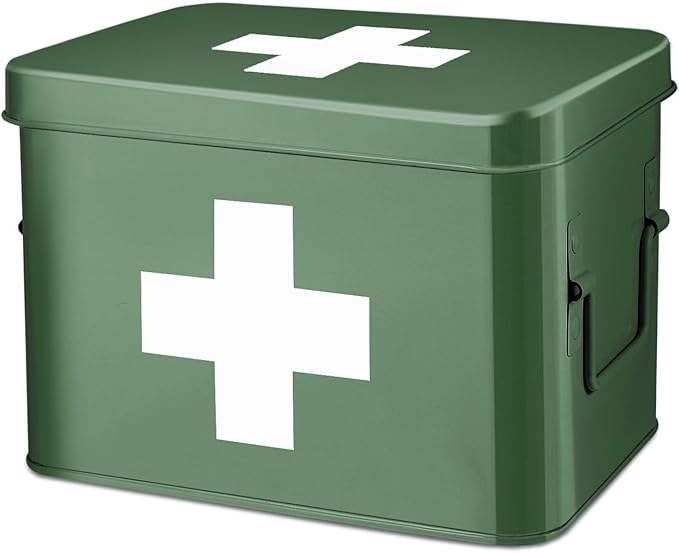 Flexzion Medicine Box, Home Pharmacy Box, 33 x 21 x 19 cm, Metal Medication Storage for Emergency, First Aid Cabinet, with Side Handles, Removable Tray & 5 Compartments, Green