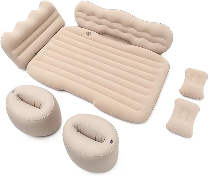 Car Air Mattress Compatible with Saturn Vue 2002 2003 2004 2005 2006 2007 2008 2009 2010, 12 V Pump, Sleeping Pad with Headrest & Side Guards for Road Trips & Car Camping Beige