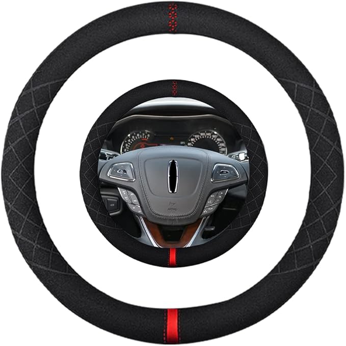 Suede Steering Wheel Cover,Compatible with Lincoln Navigator Mark LT SuedeLeather Sport Non-Slip Wheel Cover Car Interior Accessories 15.5 16 inch for Man and Women