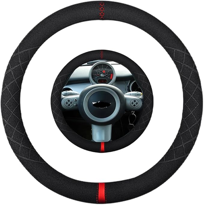 Suede Steering Wheel Cover,Compatible with Mini Cooper 2004-2007 Suede Leather Sport Non-Slip Wheel Cover Car Interior Accessories 14-14 1/4 inch for Man and Women