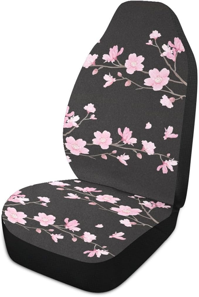 Cherry Blossom Car Seat Covers Set of 2,Japanese Pink Flowers Print Tree Branches with Falling Petals Universal Auto Front Seat Protector for Women Cute Car Accessories Fit for Car SUV Truck