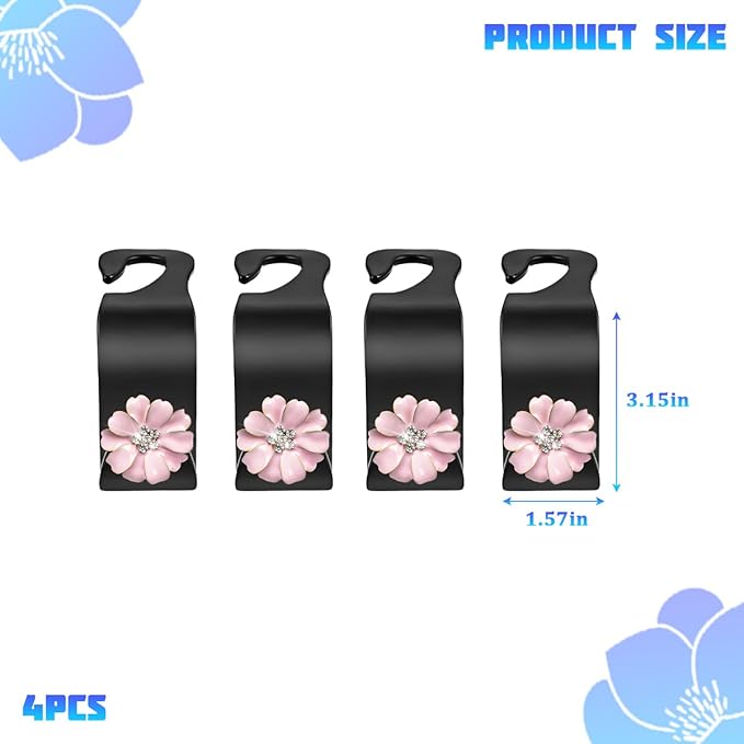 4PCS Bling Car Seat Headrest Hooks, Crystal Rhinestone Flower Vehicle Back Seat Hanger Holder Hook, Automotive Interior Hanging Storage Accessories for Purse Coats Bag, Universal Fit (Pink)