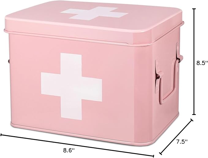 Flexzion First Aid Box Organizer, Empty 8.5 Inch Pink Vintage First Aid Kit Tin Metal Medical Box First Aid Storage Box Container Bins with Dividers, Removable Tray and Cross Logo
