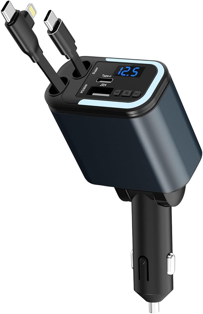 5-in-1 120W 30-Minutes Fast Flash Charging Retractable Car Charger, Wireless Bluetooth FM Transmitter, Type-C+USB-A Car Charger Adapter, Compatible with iPhone 17/16/15/14/13 Pro Max & Android Devices
