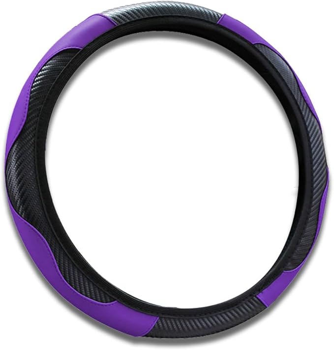 15 inch Car Steering Wheel Cover, Carbon Fiber Microfiber PU Leather Elastic Steering Wheel Protector for Men Women, Anti-Slip Breathable Car Interior Accessories (Purple)