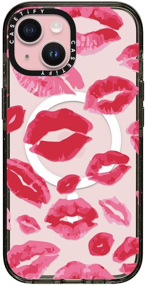 CASETiFY Impact iPhone 15 Case [4X Military Grade Drop Tested / 8.2ft Drop Protection/Compatible with Magsafe] - Lipstick Kisses - Clear Black