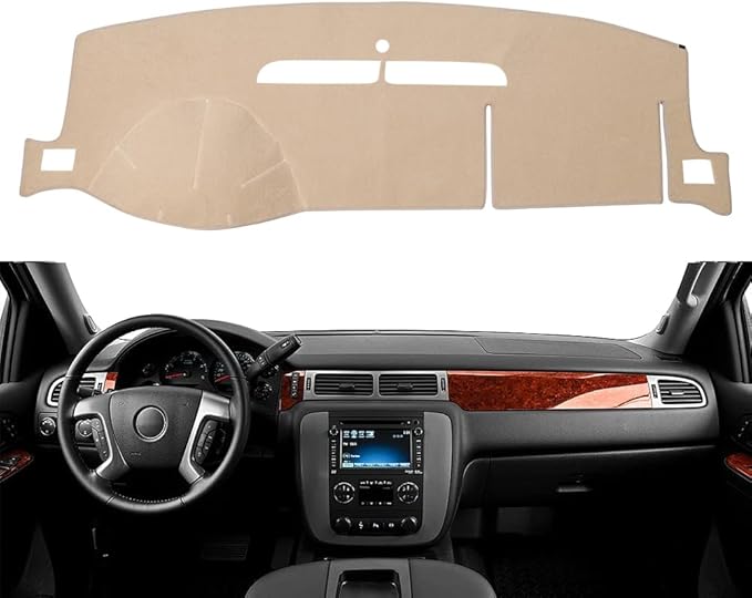 Dash Cover Mat Fit for 2007-2014 Chevy Tahoe Avalanche Suburban GMC Yukon/2007-2013 Silverado LTZ GMC Sierra SLT,Dashboard Cover Carpet Pad w/o Dash Speaker (Beige)