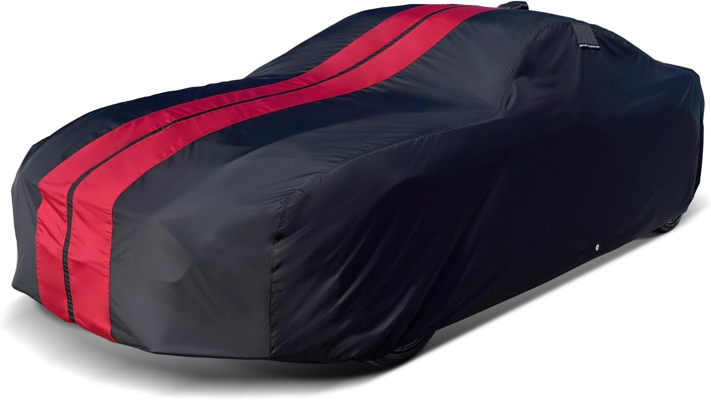 iCarCover Custom Car Cover for Chevy Bolt EV (2017-2025) Waterproof All Weather Rain Snow UV Sun Protector Full Exterior Indoor Outdoor Car Cover (Stripe - Black/Red)