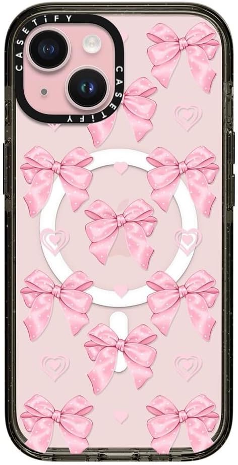 CASETiFY Impact Case for iPhone 15 [8.2ft 4X Military Grade Drop Protection/Compatible with Magsafe] - Pink Bows - Clear Black