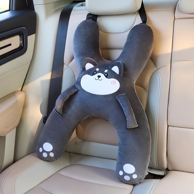 Car Pillow for Travel – Animal-Themed Car Seat Cushion with Safety Belt Protector – 4 Cute Styles: Pig, Dog, Rabbit, Panda (Dog)