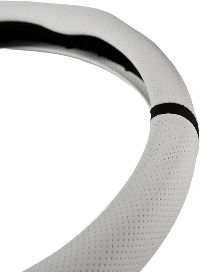 Quick Install Sporty White Perforated Nappa Leather Steering Wheel Cover with Black Top Stripe for Tesla Model Y White Trim