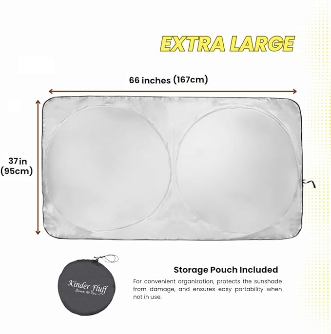 Windshield Sun Shade - Certified 99.87% UVB & 99.02% UVA Protection Car Sun Shade. Award Winning Sunshade for Car Windshield with Patented Technology. Size XL 66"x37" Car Window Shades by Kinder Fluff