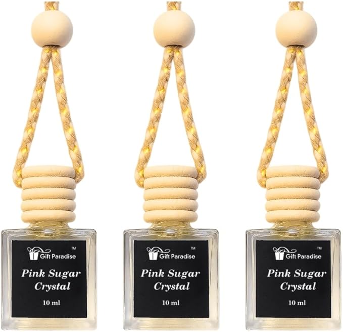 Pink Sugar Crystal Car Air Freshener Set of 3 with Magnetic Gift Box, 10 ml Hanging Diffuser Bottles with Wooden Cap, Sweet Vanilla Cotton Candy Scent for Car, Home & Closet