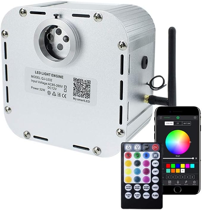 AZIMOM High Brightness 32W Twinkle Fiber Optic Light Source RGBW Light Box Engine Diver Bluetooth/RF Remote Control Music Sensor Mode for Car Home Star Ceiling Light Effect Decoration