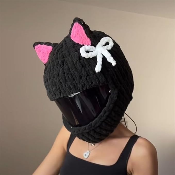 Cute Cat/Rabbit Ear Motorcycle Helmet Covers, Plush Funny Full Face Helmet Decoration Cover, Men Women Helmet Protective Cap, Novelty Animal Cartoon Plush Hat for Fun Ride Gift