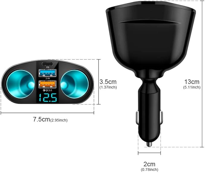 Cigarette Lighter Adapter, USB C Car Phone Charger Adapter with Voltmeter, QC3.0 & PD 24V Cigarette Lighter Splitter, 12V USB Outlet Car USB Charger Fast Charging for Phone Tablets Dashcam