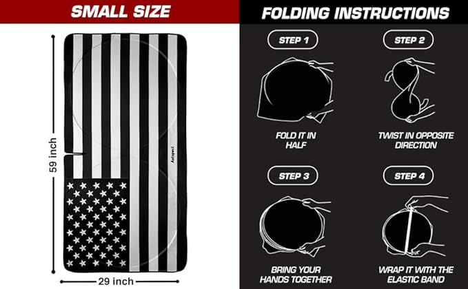 Windshield Sun Shade - American Flag Design, High-Resolution Sun Visor for Car, Truck, SUV with Mirror Cut-Out for Interior Sun Protection, Foldable Car Sun Shade (Black and White, Small)