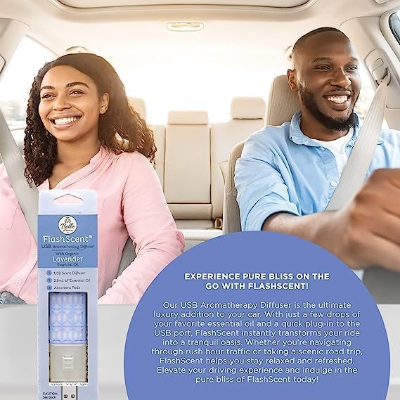 Belle Aroma® FlashScent™ USB Aromatherapy Bundle - for Car, Office, Home, and Travel - Includes 1 Serenity Blue Lavender Oil Diffuser Kit, 1 FlashScent Lavender Essential Oil, and 7 Refill Pads