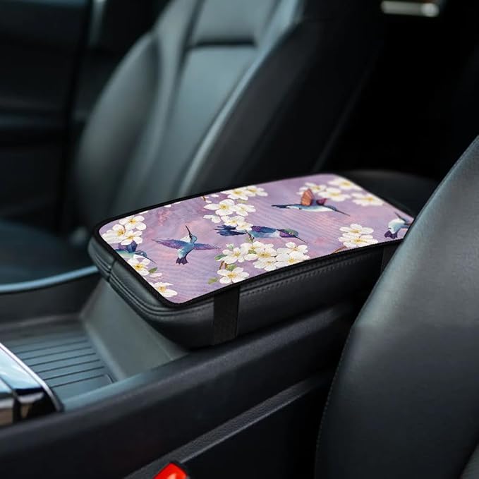 1pc Center Console Armrest Cover Pad 12.6x7.5 inch Flower with Hummingbird Neoprene Car Armrest Cushion Waterproof Armrests Seat Box Cover Protector for Universal Cars Vehicles SUVs