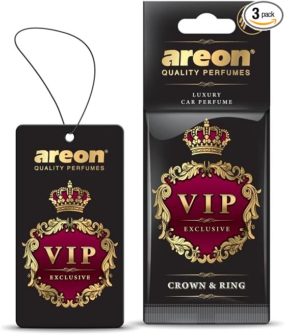 AREON VIP - Hanging Cardboard Air Freshener for Car - Premium Cologne CAR Perfume Air Freshener with Natural Fragrances - Long Lasting, Fresh, Luxurious Scent - Stylish Design -Crown & Ring, Pack of 3