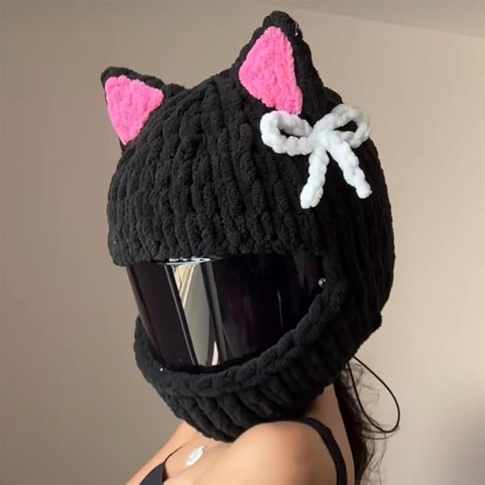 Cute Cat/Rabbit Ear Motorcycle Helmet Covers, Plush Funny Full Face Helmet Decoration Cover, Men Women Helmet Protective Cap, Novelty Animal Cartoon Plush Hat for Fun Ride Gift