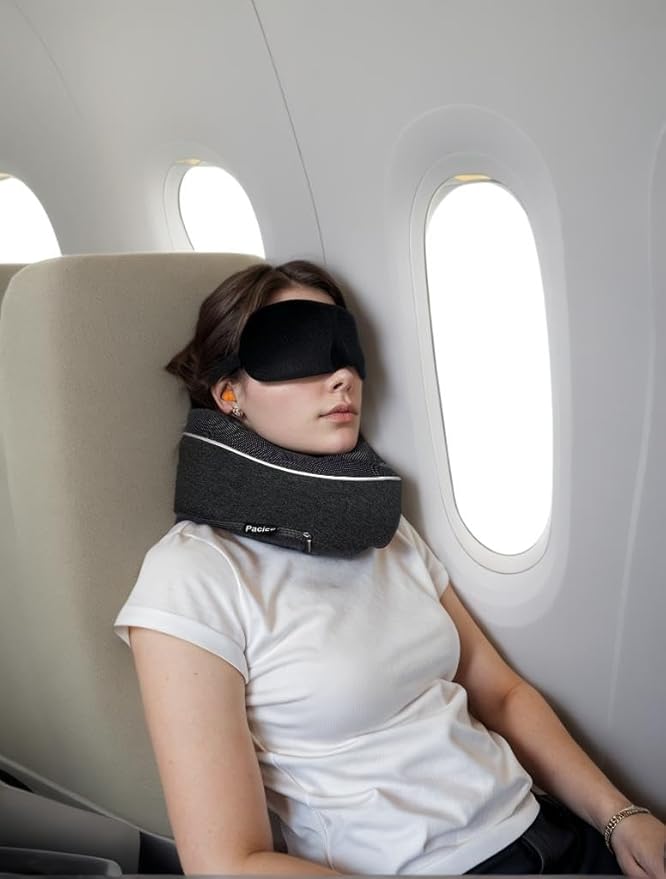 Travel Pillow 100% Pure Memory Foam Neck Pillow, Sleeping Pillow for Car, Train and Airplane, Travel Kit with 3D Contoured Eye Masks and Earplugs (Dark Gray)