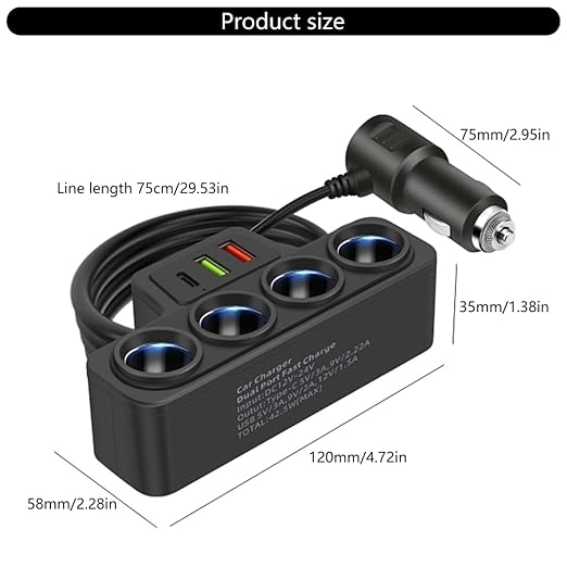 12V/24V Car Charging Adapter Car Power Socket Splitter 120W with USB C Port & 75cm Long Cable for Vehicles