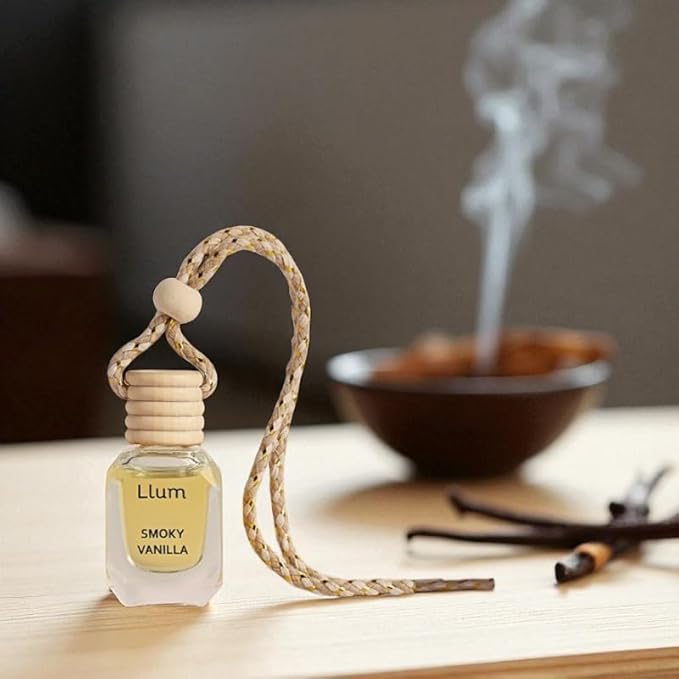 Llum Smoky Vanilla Hanging Car Air Freshener – Luxury Automotive Perfume Diffuser 10ml (0.34 fl oz), Long-Lasting Fragrance, Alcohol-Free Non-Toxic Scent, Glass Bottle With Wood Cap & AC Vent Clip