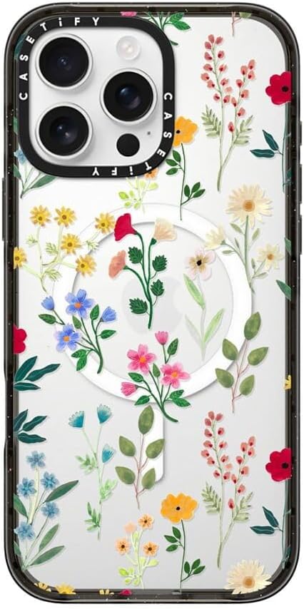 CASETiFY Impact Case for iPhone 16 Pro Max [Slim / 8.2 ft. 4X Military Grade Drop Protection/Compatible with Magsafe] - Spring Botanicals 2 - Clear Black