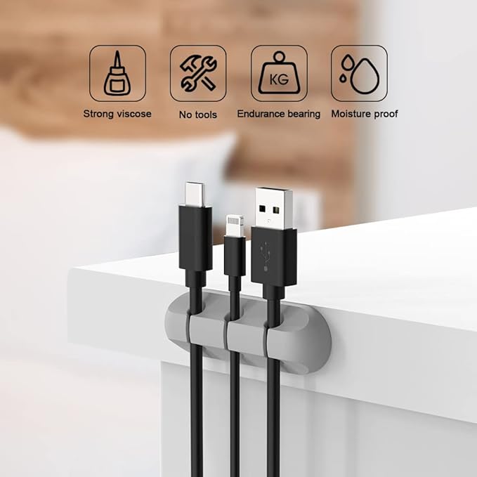 SIMR 2 Pack Cable Clips - Cord Organizer, Cable Management, 6mm Wire Holder System - Rubber Adhesive Cord Hooks fit Home, Office, Cubicle, Car, Desk Accessories (Black Grey)