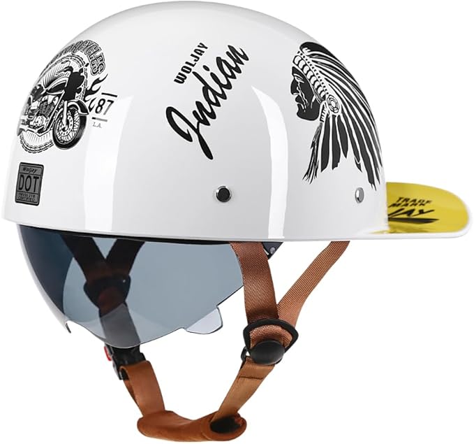 Vintage Retro Open Face Motorcycle Helmet Baseball Cap Half Helmets with pull-down Lens for Men Women Moped Cap Jet Scooter Street Cruiser - DOT Certified (Indian-White,XX-Large)