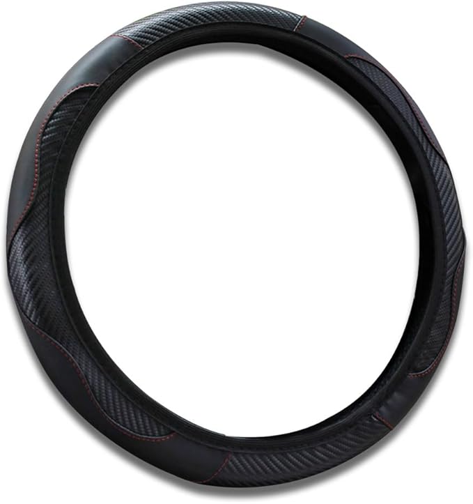 15 inch Car Steering Wheel Cover, Carbon Fiber Microfiber PU Leather Elastic Steering Wheel Protector for Men Women, Anti-Slip Breathable Car Interior Accessories (Black)