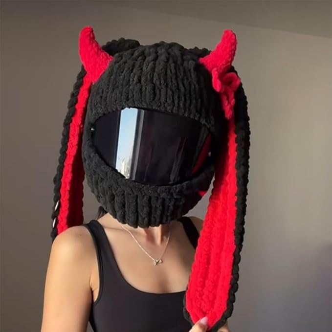 Cute Cat/Rabbit Ear Motorcycle Helmet Covers, Plush Funny Full Face Helmet Decoration Cover, Men Women Helmet Protective Cap, Novelty Animal Cartoon Plush Hat for Fun Ride Gift