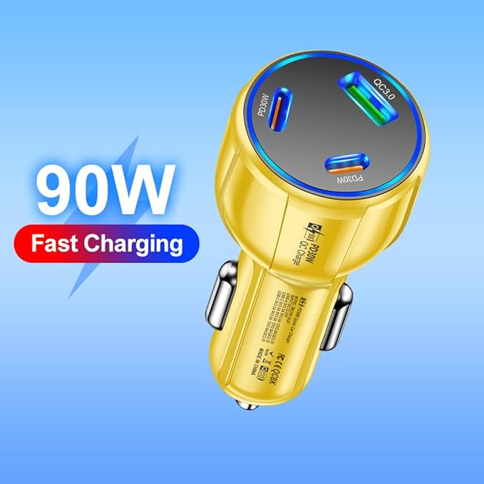 3-Port 90W USB C Car Charger, PD30W & QC3.0 Fast Car Charger Cigarette Lighter Plug Adapter for iPhone/Android/Samsung/iPad (Yellow)