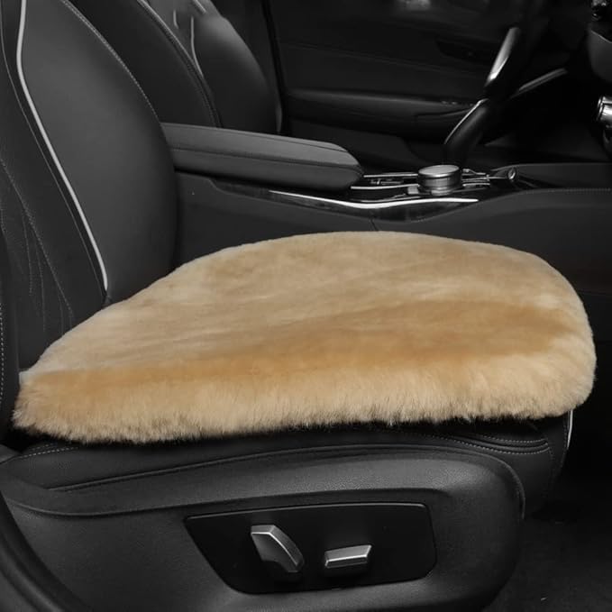 Genuine Sheepskin Auto Seat Pad, Australian Soft Wool Seat Cover Breathable and Sweat-Wicking Comfort Warm Universal Fit,19.2 inch x19.2 inch (Front seat Cushion 1pc, Khaki)