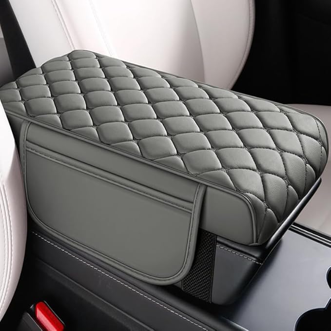 Universal Memory Cotton Car Armrest Box Pad, 2026 New Leather Car Armrest Box Pad with 2 Storage Bags, Auto Armrest Seat Box Cover, Center Console Cover Cushion for SUV, Car, Truck (Grey)