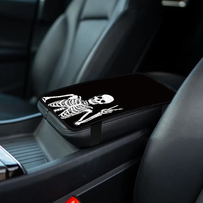 1pc Center Console Armrest Cover Pad 12.6x7.5 inch Skull Neoprene Car Armrest Cushion Waterproof Armrests Seat Box Cover Protector for Universal Cars Vehicles SUVs