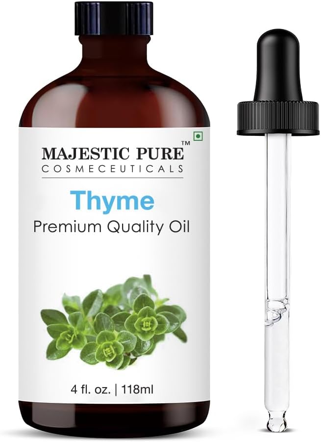Majestic Pure Essential Oil with Glass Dropper - 100% Pure and Natural - Essential Oils for Diffuser, Aromatherapy, Soap and Candle Making, Thyme Essential Oil, Thyme Oil, 4 Fl Oz