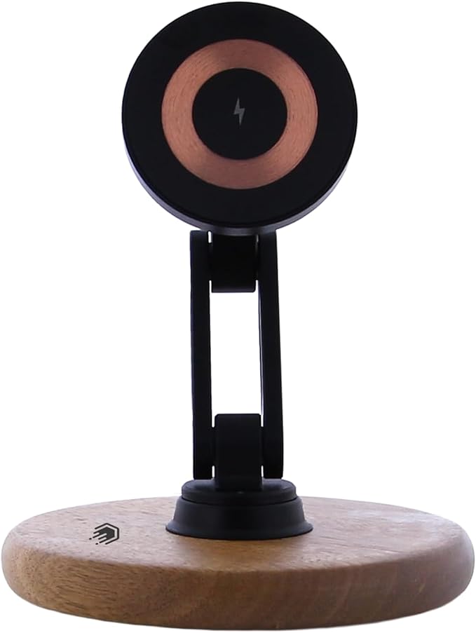ClikDock Cell Phone Magnetic Wireless Charger Stand, 360° Spin, Aluminum Construction, Compatible with MagSafe Phones for iPhone & Andriod (Oak Wood)